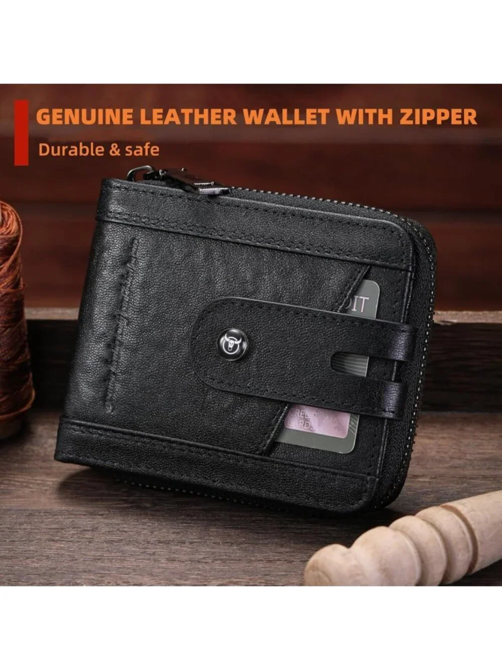 Genuine Leather Men's Zipper Wallet - Stylish, Durable, Slim Design (Black)